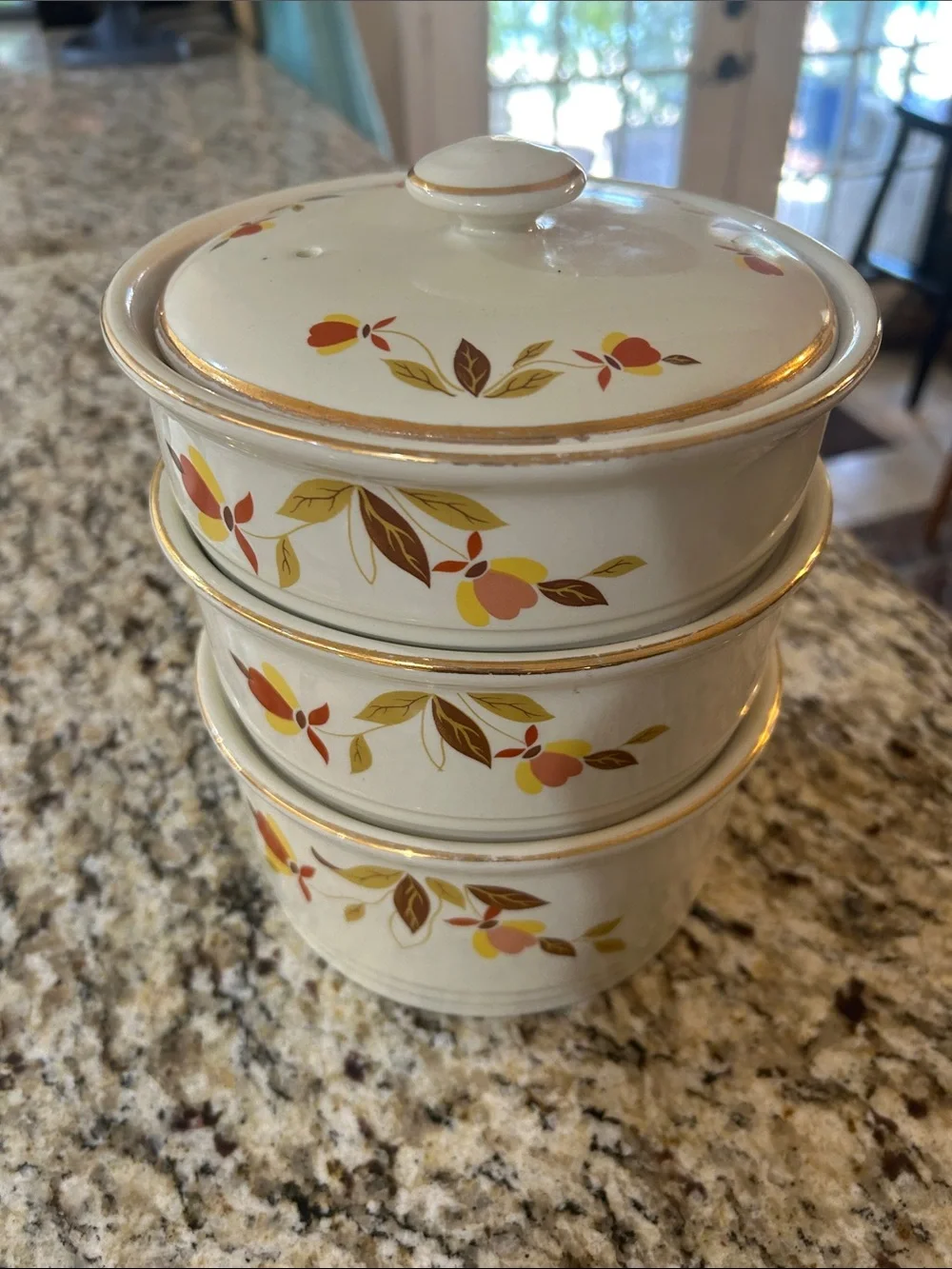 Vintage Hall Jewel Tea Autumn Leaf Set of 3 Stackable Casserole Dish with Lid
